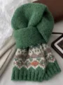 Fair isle wool beige knit scarf women autumn winter artistic warm cozy student stylish winter neck warmer - Christmas Green