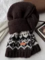 Fair Isle wool knitted scarf for women, winter warm vintage brown shawl and cozy neck wrap. - Coffee