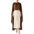 Detail shot of elegant brown chiffon cape overlaying white satin dress, fine tailoring and fabric. - Coffee