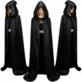 Multi-angle view of a black hooded cloak, perfect for cosplay, Halloween and costume parties. - Shoulder to Hem 0.8M / Black