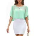 Close-up detail view of the elegant light green chiffon shrug featuring short sleeves and fabric. - Light Green / One Size
