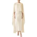 Elegant chiffon cape maxi dress, sheer overlay evening gown for formal events, weddings, parties. - Khaki