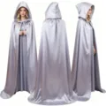 Silver satin hooded cloak cape for costume party, Halloween cosplay, and theatrical events. - Silver