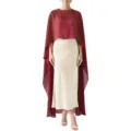 Elegant burgundy chiffon capelet paired with an ivory satin skirt, detail view of evening gown. - Dresses / 130cm Shoulder to Hem / Burgundy