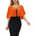 Orange chiffon shrug detail showing sheer lightweight fabric and elegant pearl button closure. - Orange / One Size