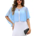 Close-up view of elegant light blue chiffon bolero shrug showcasing delicate sheer fabric and design. - Light Blue / One Size