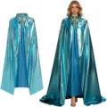 Metallic blue long cape detail, glossy hooded cloak display, Halloween costume garment fabric view. - 100cm Shoulder to Hem / Sky Blue