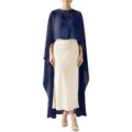 Chiffon cape dress detail view, elegant evening gown drape, fluid eveningwear fabric showcase. - Navy Blue