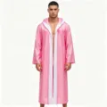 Pink hooded boxing robe detail, shiny fabric and white trim for martial arts combat. - Shoulder to Hem 110cm / Pink White Edge
