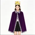 Detailed view of adult Halloween king queen costume cape and gold crown set with purple velvet. - Deep purple
