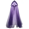 Detail view of the purple gothic mesh hooded cape, showing sheer tulle fabric and tie closure. - Shoulder to Hem 130cm / Deep purple