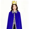 Halloween velvet cape with gold crown for adults, royal king queen costume party wear. - 80cm / Sapphire Blue