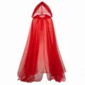 Women red hooded mesh cape gothic Halloween tulle cloak long party costume outfit - Shoulder to Hem 130cm / Red