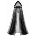 Detailed view of the black gothic tulle hooded cloak with layered sheer fabric and long train. - Shoulder to Hem 130cm / Black