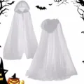 Detailed view of the white hooded mesh cape, gothic Halloween costume tulle cloak for women. - Shoulder to Hem 130cm / Milky White