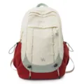 College style color blocking student backpack, large capacity daily casual hiking bag. - White & Red
