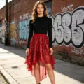 Women black long sleeve top and red sequin high low skirt set for stage party wear. - One Size / Bottoms / Red