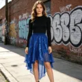 Women high low sequin skirt elastic waist sparkle party tutu skirt stage performance wear - One Size / Bottoms / Sapphire Blue