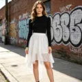 Women sequin high low mesh midi skirt with black long sleeve top fashion streetwear. - One Size / Bottoms / White