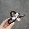 Dark brown hair claw clip with pink resin flower and pearl accent, stylish shark clip for women. - Large-11cm / Pink
