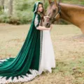 Dark green velvet hooded cloak with intricate lace embroidery for elegant costume events. - Beige Gold Embroidery Lace