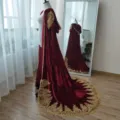 Halloween velvet hooded cape with gold embroidery, elegant burgundy cloak for bridal and party. - White Gold Embroidery Lace