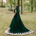 Green velvet hooded cloak with gold embroidery, medieval renaissance bridal cape for women. - 180cm Shoulder to Hem / Robe / Green