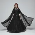 Gothic black lace long dress and flowing cape set for women Halloween cosplay party costume. - 130cm Shoulder to Hem / Black
