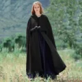 Women solid color hooded woolen cape warm winter long cloak outdoor vintage outerwear - 130cm Shoulder to Hem / Black