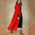 Women long red hooded cloak cape winter warm wool blend trench coat elegant outerwear apparel - 130cm Shoulder to Hem / Red