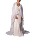Elegant long chiffon bridal cape shawl for women solid color wedding party wrap cloak white - 1.3m / Pure White