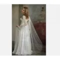 Bridal long shimmering mesh cape with pearls, elegant white wedding dress accessory for brides. - 1.3M / Pure White