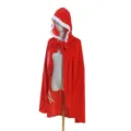Red Christmas hooded velvet cape with white plush trim and bow tie for holiday costume parties. - Shoulder to Hem Length 60cm / Red