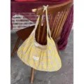 Korean retro yellow plaid tote bag, casual pleated canvas shoulder bag for daily use. - Yellow