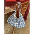 Korean vintage blue white plaid pleated canvas tote bag casual shoulder handbag for women. - Blue