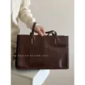 Large capacity brown leather tote bag, stylish minimalist shoulder bag for women commuter. - Brown