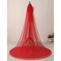 Long red bridal veil with comb, double layer wedding veil cathedral length for women variant. - Length 200cm x Width 150cm / Red