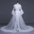 Elegant white bridal tulle cape robe with long sleeves and ruffles, perfect for weddings. - S / White