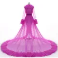 Pink sheer mesh bridal cloak long sleeve cape wedding dress overlay floor sweeping train - S / Rose Red