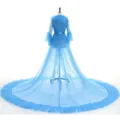 Bridal blue tulle cape with long train, elegant mesh wedding dress cover up cloak for women. - S / Sky Blue