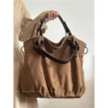 Japanese retro canvas tote bag large capacity shoulder crossbody bag for daily commute. - Brown