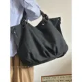 Japanese vintage large capacity canvas tote bag casual shoulder crossbody handbag - Black