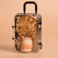 Holzgeschnitzter Orangeratzen-Schlüsselanhänger mit transparentem Koffer, süßer Schlüsselring. - Katze Holzschnitzerei Anhänger mit Kofferbox