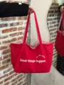 Korean Style Striped Letter Canvas Tote Bag Large Capacity Casual Shoulder Bag for Women - Red