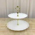 Plato de frutas de 2 niveles europeo bandeja de servicio de plástico blanco asa dorada - Corona Dorada Redonda Dos Niveles