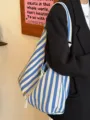 Korean style casual blue and white striped canvas shoulder bag detail view for commute. - Blue