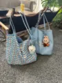 Korean style canvas tote bag, large capacity double sided shoulder bag for women daily commute. - Blue Without Pendant