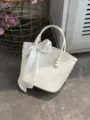Korean style sweet white handbag with bow ribbon and bead handle, versatile daily casual tote bag. - With Silk Scarf / White