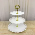 Soporte de pastel de fruta de plástico blanco de 3 niveles con asa dorada bandeja de postre - Flor Dorada Redonda Tres Niveles