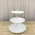 Support à Gâteau et Fruits à 3 Niveaux Blanc Plastique Bord Dentelé Décoration Maison - Couronne Blanche Ronde Trois Niveaux